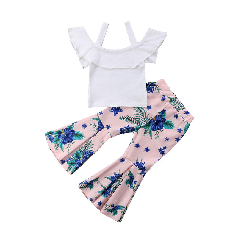 Summer Baby Girls Clothes Off Shoulder strap Ruffle sleeveless pullover solid Tops Flower print Pants 2PCS kids cotton outfits-image-463184000