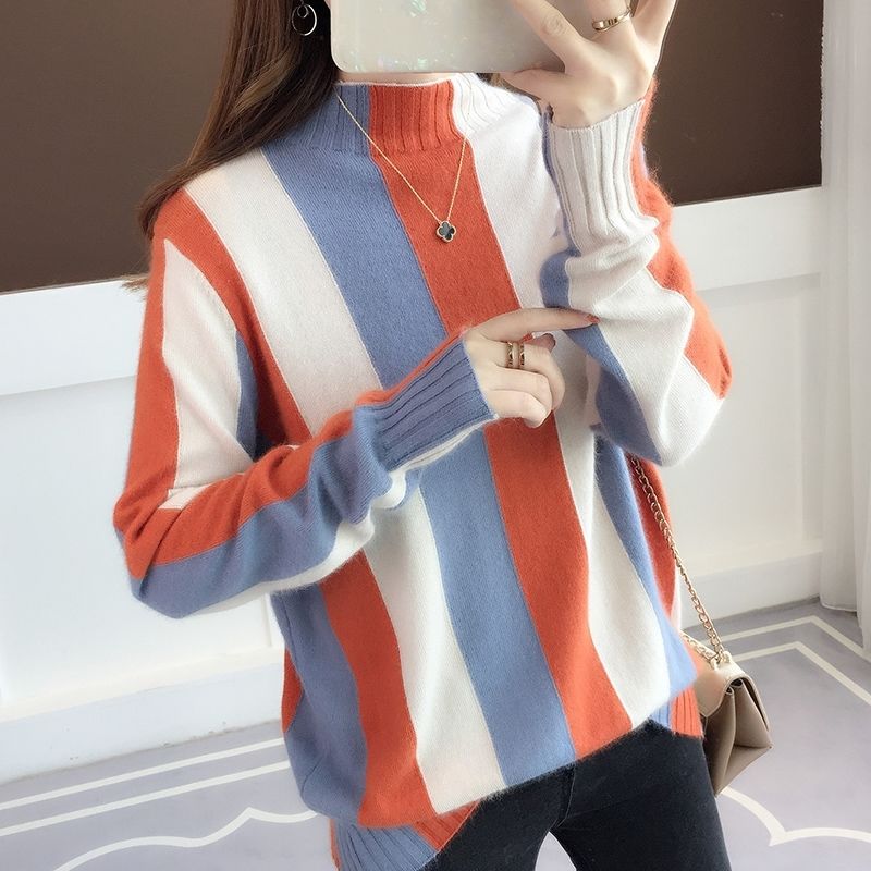 

Rainbow Stripe antumn and winter Sweater Contrast Knitted Pullover 2019 Long Sleeve Turtleneck Knitwear Fashion Slim Women Jump, Blue