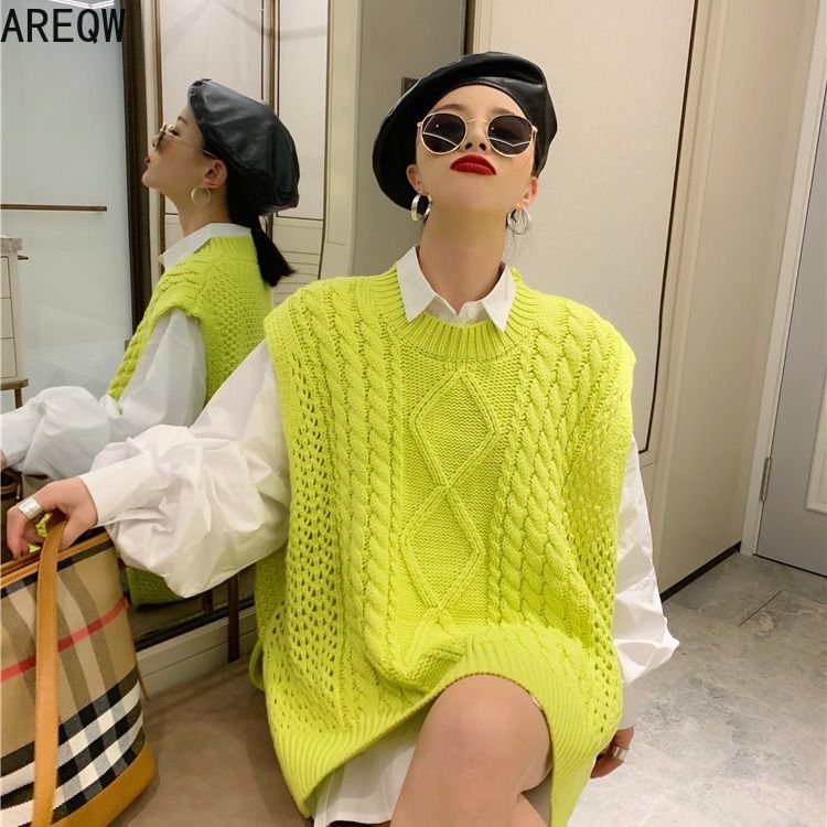 

Coat Women's Spring Korean-Style Loose Oversized Sweater Women's New Fashion Round Neck Pullover Lazy Warm Knitted Waistcoat, Yellow