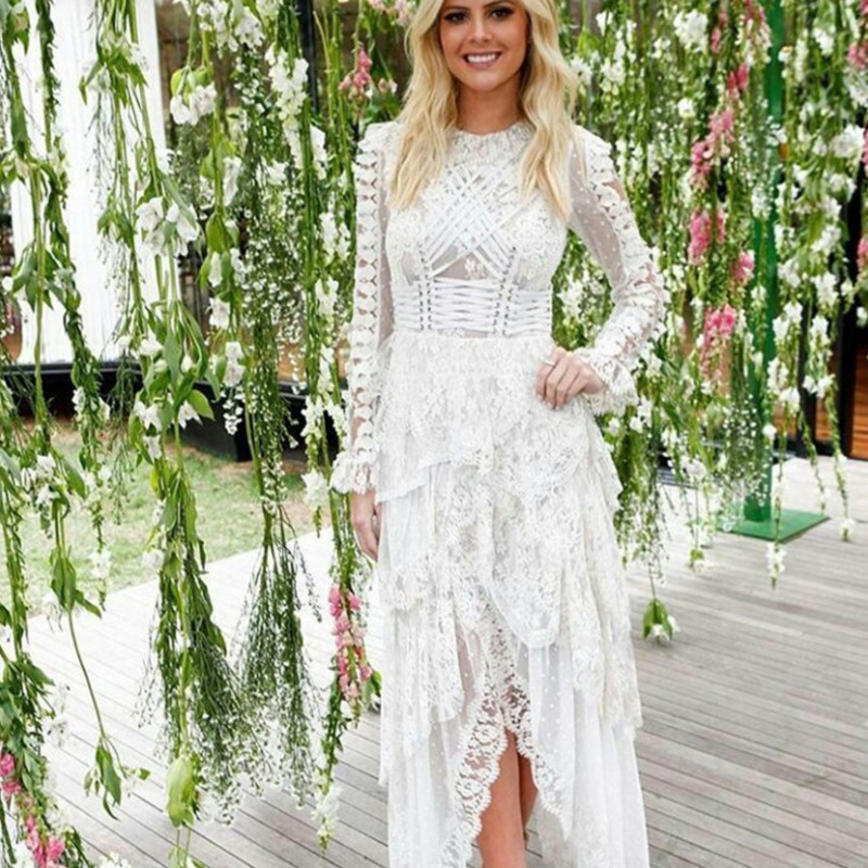 

DEAT] 2020 New Spring Women Fashion Lace Stitching Irregular Drawstring Gauze Perspective Sexy Fairy Dress RB084, White