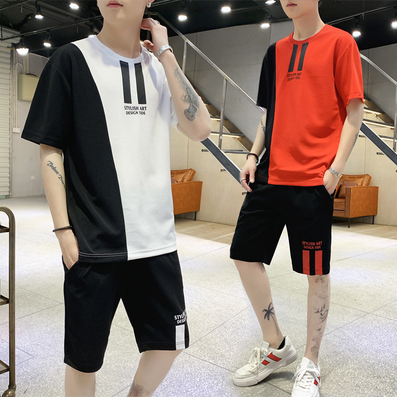 

Patchwork Men Tracksuit Set T Shirt Summer Two Pieces Sporting Track Suit Male Sets Printed Tee Tops Shorts Set Mens Track Suit, Black