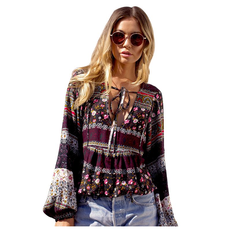 

Women Shirt Boho Vintage Floral Print Blouses Long Sleeve V Neck Autumn Shirts Blouses Casual Tops (Coffee,/US~8/UK~12, As pic