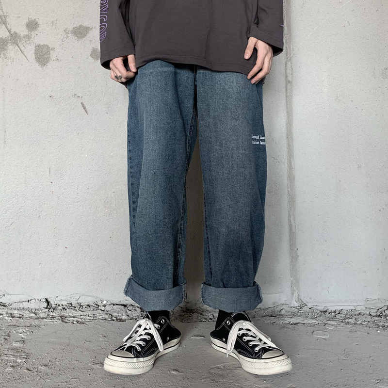 

EWQ / 2020 new men' trousers vintage Do Used Printing Letter Loose Directly Canister casual Jeans for Men And Women Tide 9Y154, Retro blue