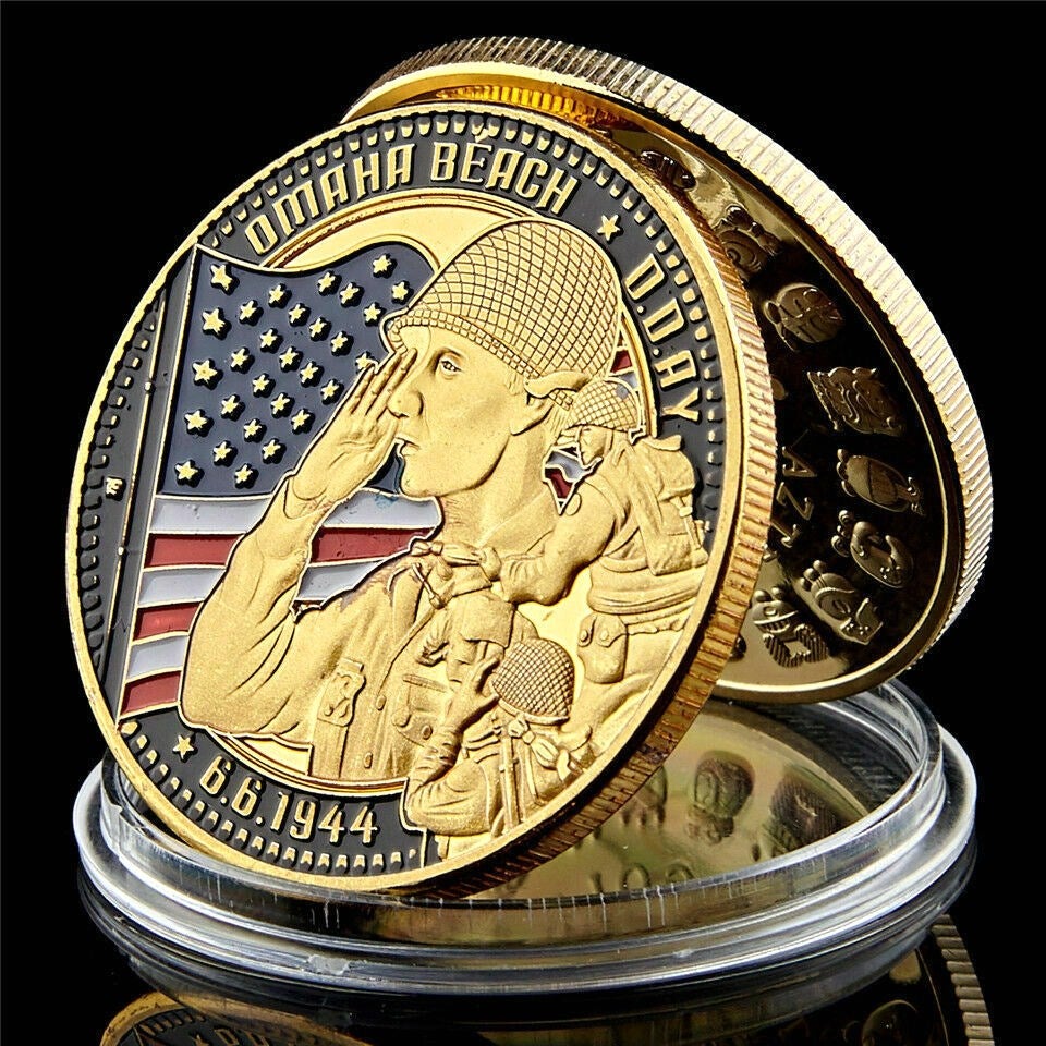 Arts and Crafts Military Challenge Coin Cimetiere Omaha Beach Land Normandy Army 1oz Gold Plated Souvenir Badge-image-521865670