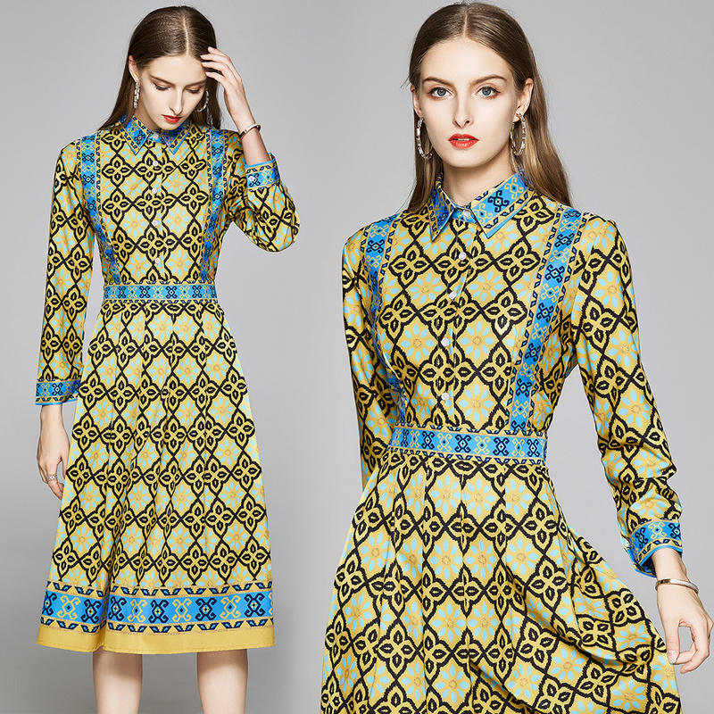 

2020 Fashion Street Style Women Vintage Print Designer Pleated Shirt Dress Runway Ladies Casual Office Long Sleeve Button Slim Party Dresses, Customize
