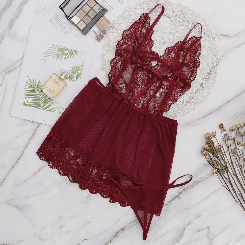 

Lace Pajams Sexy Fashion Lace Lingerie Underwear Sleepwear Pajamas Thong G-String Bra Underwear Set pijama verano mujer, Wine