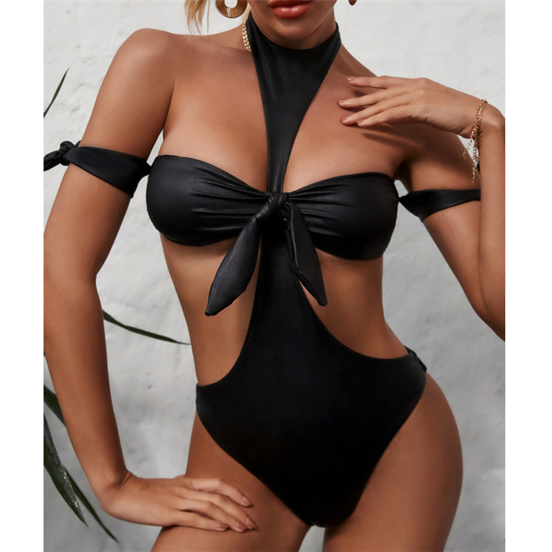 

Sexy Black Bow Bikini Swimwear Women 2020 PU Leather Swimsuit Women One Piece Bandage Swim Bathing Suit Summer Brazilian Biquini