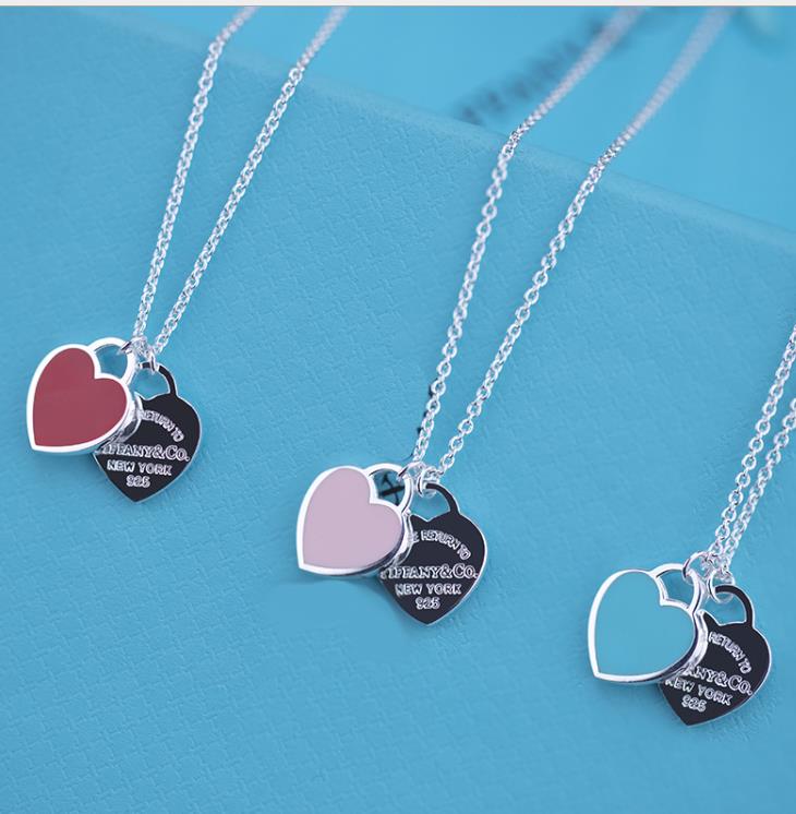 

S925 Pure Silver Enamel double love necklace drop glue pink peach heart pendant Valentine's silver