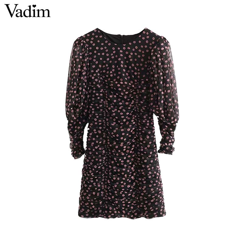 

Vadim women retro floral mini dress pleated design long sleeve stretchy slim fit female sexy party club dresses vestidos QD233, As picture