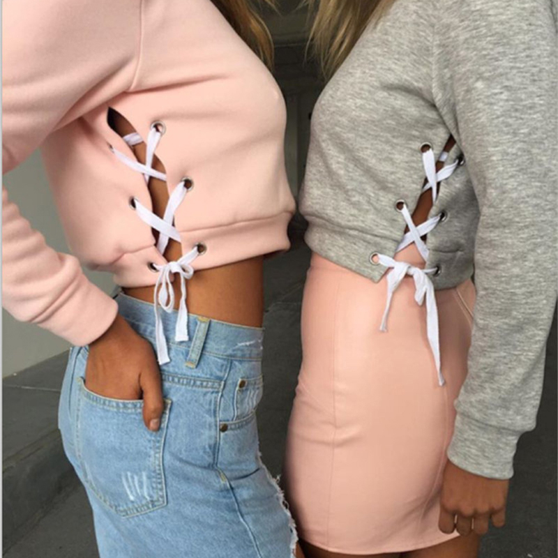 

Spring Autumn Women Sexy Slit Lacing Pullover Jumper Hoody Solid Long Sleeve Crop Top Blouse Sweatshirt Ropa Mujer, Pink