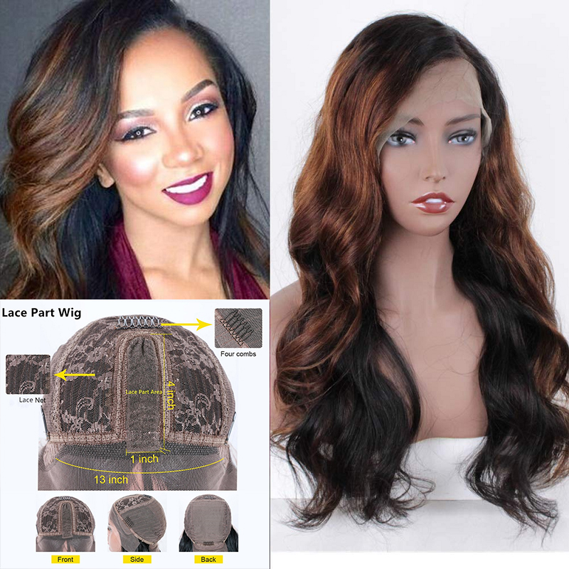 

Highlight Wig Ombre Colored 1b 4 Light Brown Body Wave Hair Lace Part Wig Brazilian Remy Part Lace 4 "Deep Pre Plucked, As pic