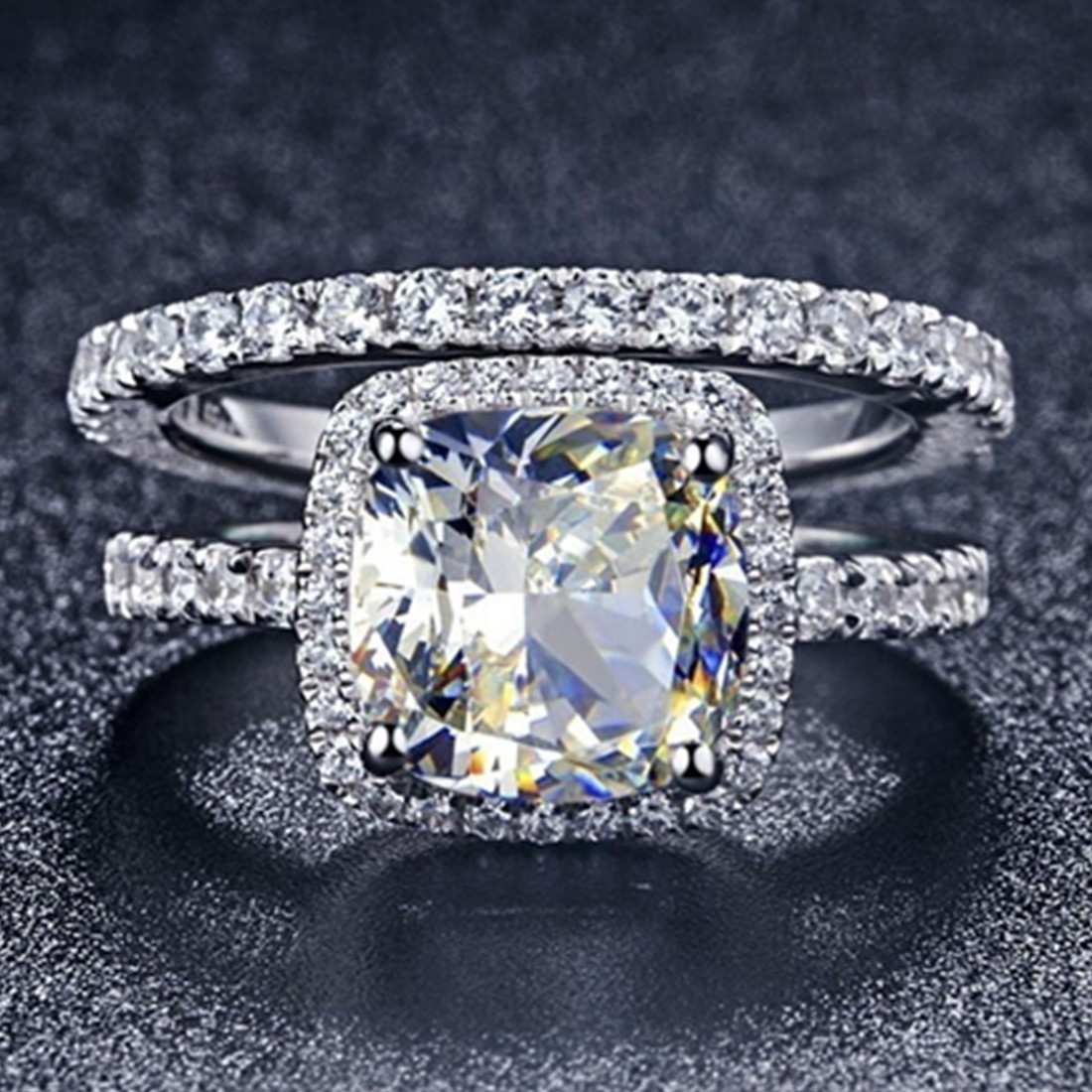 

Sterling Silver in 18K White Gold Plated Cushion Engagement Ring with 0.55CT Infinity Wedding Band Diamond Rings set for Women with Box