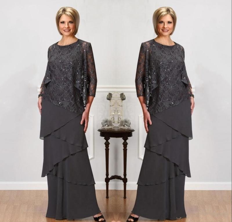 

2019 New Gray Sheath Mother Off Bride Dresses Jewel Neck Lace Appliques With Jacket Chiffon Tiered Long Plus Size Evening Prom Party Gowns