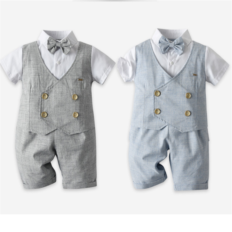 

Baby Boy Clothes 1st Birthday Party Wedding Gentleman Baby Outfits Newborn Romper + Vest 2pcs Clothing Set For Boy, Blue