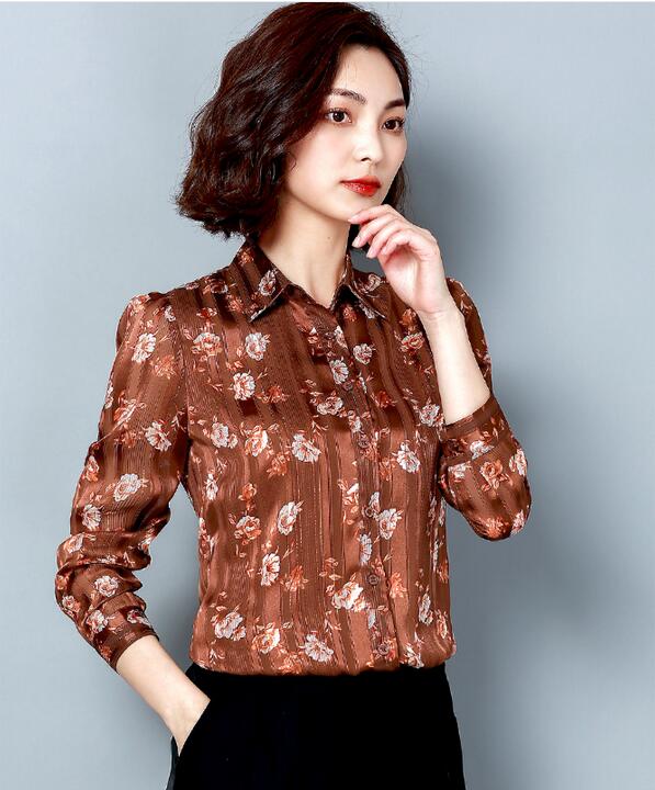 

Brown Small Flora printing Long Sleeve blouses Single-breast OL style shirts lapel neck women shirts spring summer