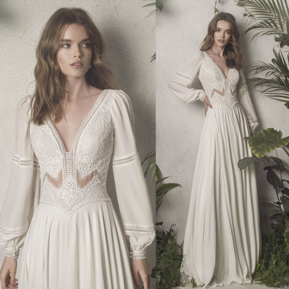 

2021 New Wedding Dresses V Neck Long Sleeves Backless Chiffon Bridal Gowns Custom Made Lace Appliques Sweep Train A-Line Wedding Dress, Pink