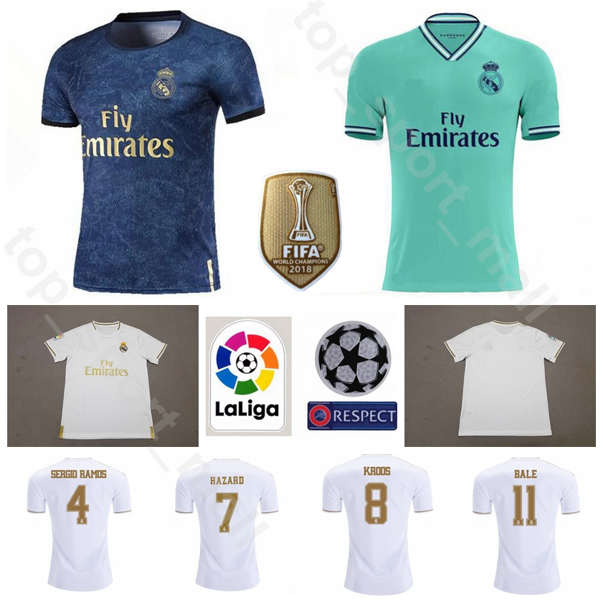 

19/20 Season Men Soccer Real Madrid 7 HAZARD Jersey 4 SERGIO RAMOS BALE ISCO KROOS Football Shirt Kits Uniform Blue White Green, 2018 champions gold patch