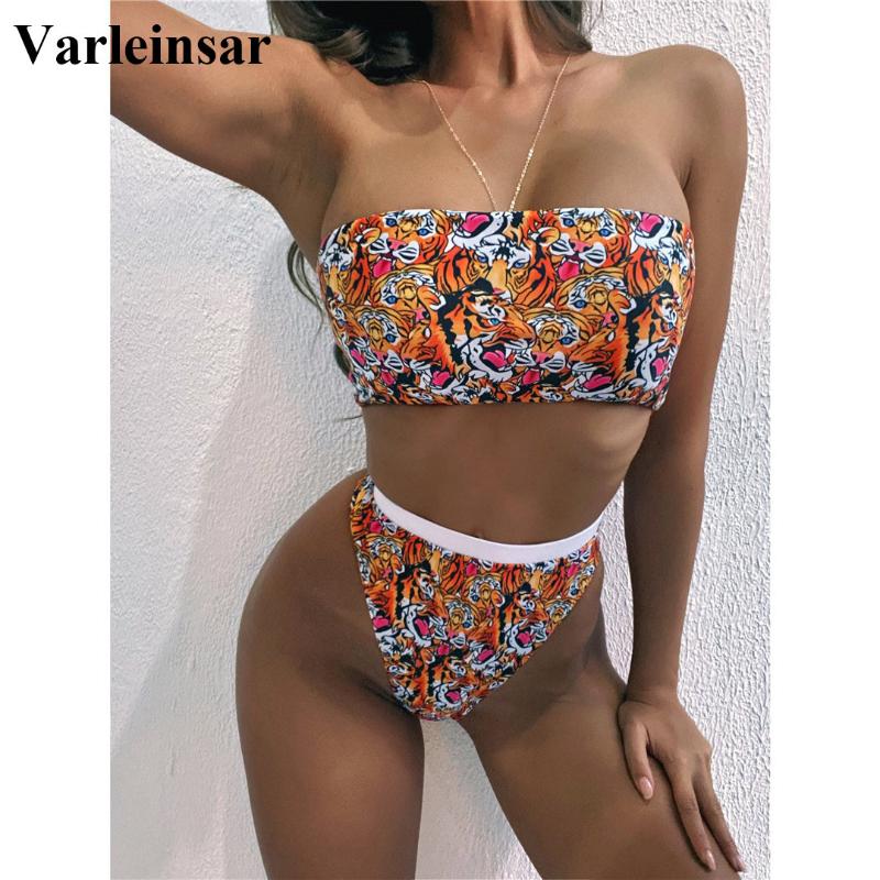 

Tiger Printed Bandeau High Waist Bikini Female Swimsuit Women Swimwear Two-pieces Bikini set Strapless Bather Bathing Suit V2194, Red