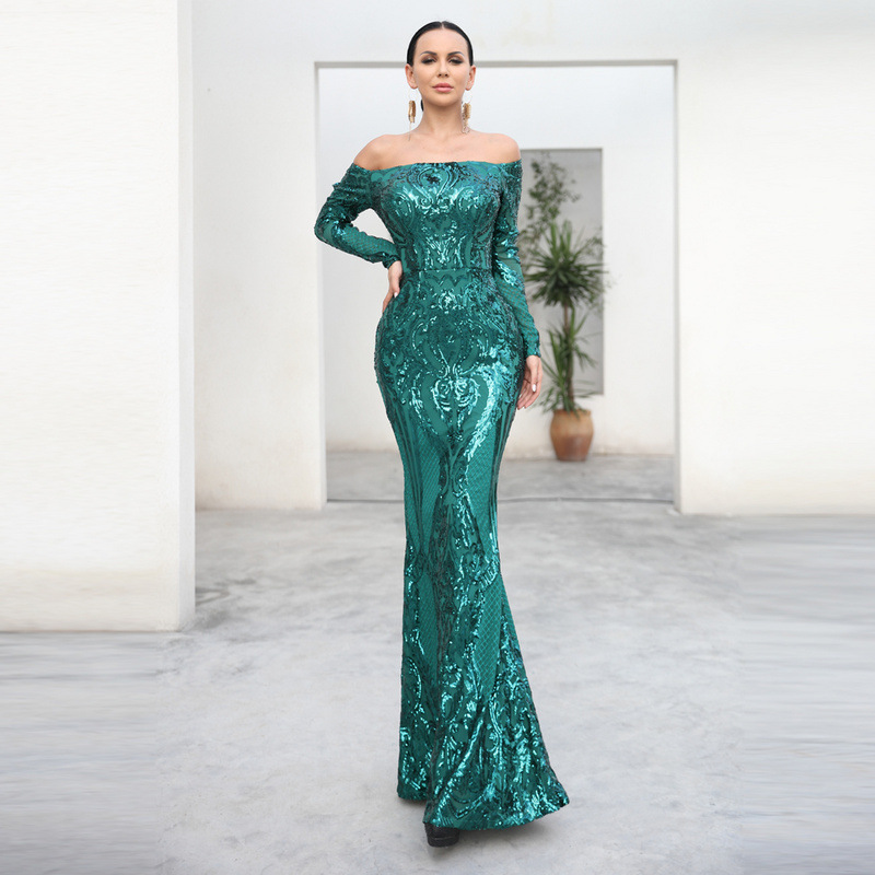

Wedding Long Dress Elegant Fashion 2 Colors Long Sleeve Women Night CLub Shining Evening Party Dress, Green