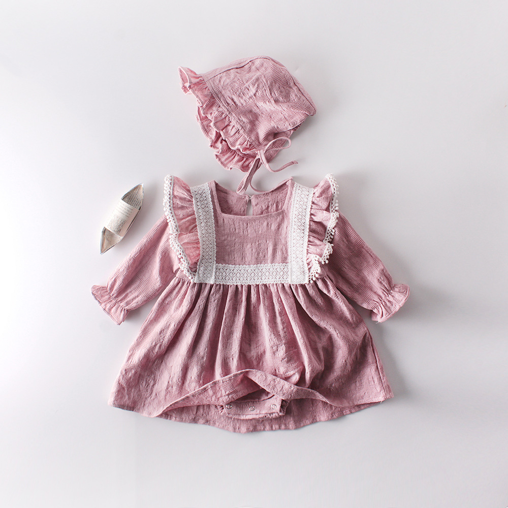 

girl clothing new girls Kids long sleeve round collar Solid Color Lace Ruffles Style dress Romper Causal 100% cotton Exquisite girls dresses, As picture