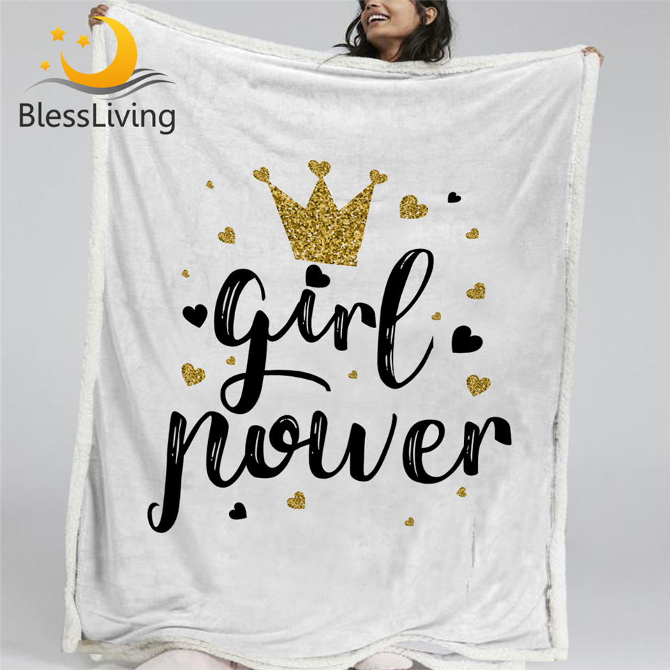 

BlessLiving Golden Crown Sherpa Blanket Letter Print Furry Blanket Heart Shape Girls Plush Bedspreads Glitter Stylish Bedding