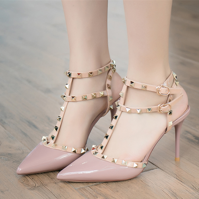 

spring new nude buckle strappy rivets shoes designer pumps sexy dress shoes, Pink