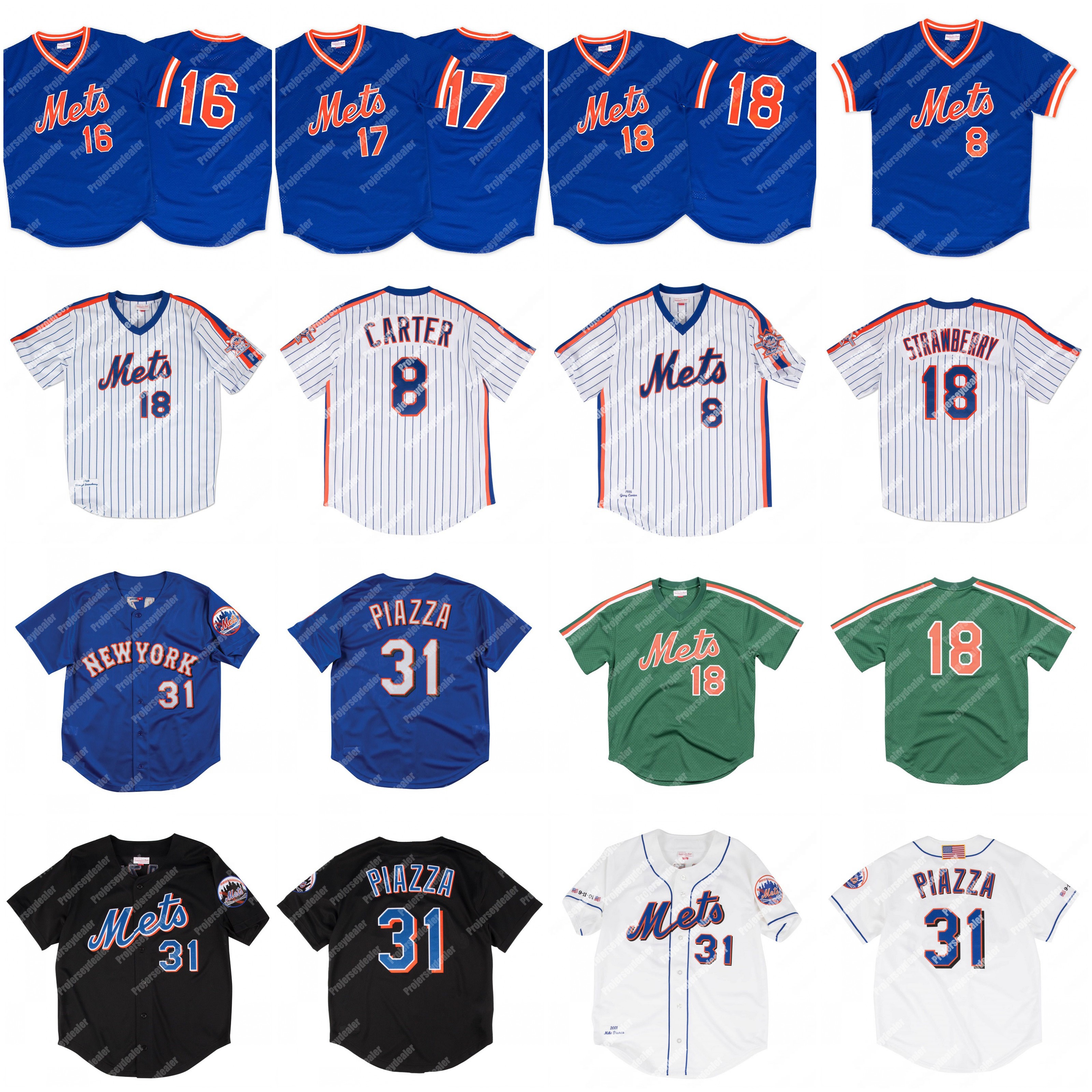 

8 Gary Carter 16 Dwight Gooden 17 Keith Hernandez 1986 18 Darryl Strawberry 1988 31 Mike Piazza 1999 2000 Vintage Baseball Jersey, Blue;black
