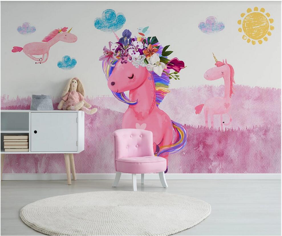 

3d wallpaper custom photo mural Nordic modern simple hand-painted pink unicorn children room background wall home decor wall art pictures, Non-woven fabric