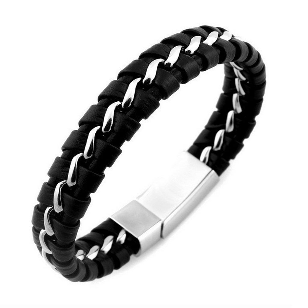 

Mens Boys PU Leather Braided Wristband Bracelet Steel Bangle Wrap Black