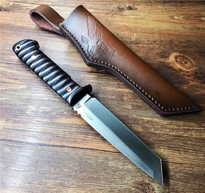 

staight knife dc53 satin tanto point blade full tang wood handle fixed blades knives with leather sheath