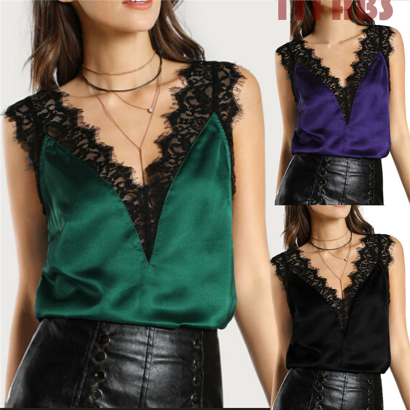 

2020 Women Blouse Tops Summer Elegant Casual Loose Sleeveless Solid Lace V-neck Satin Lace Blouses Female Shirts Blusa Plus Size, Black
