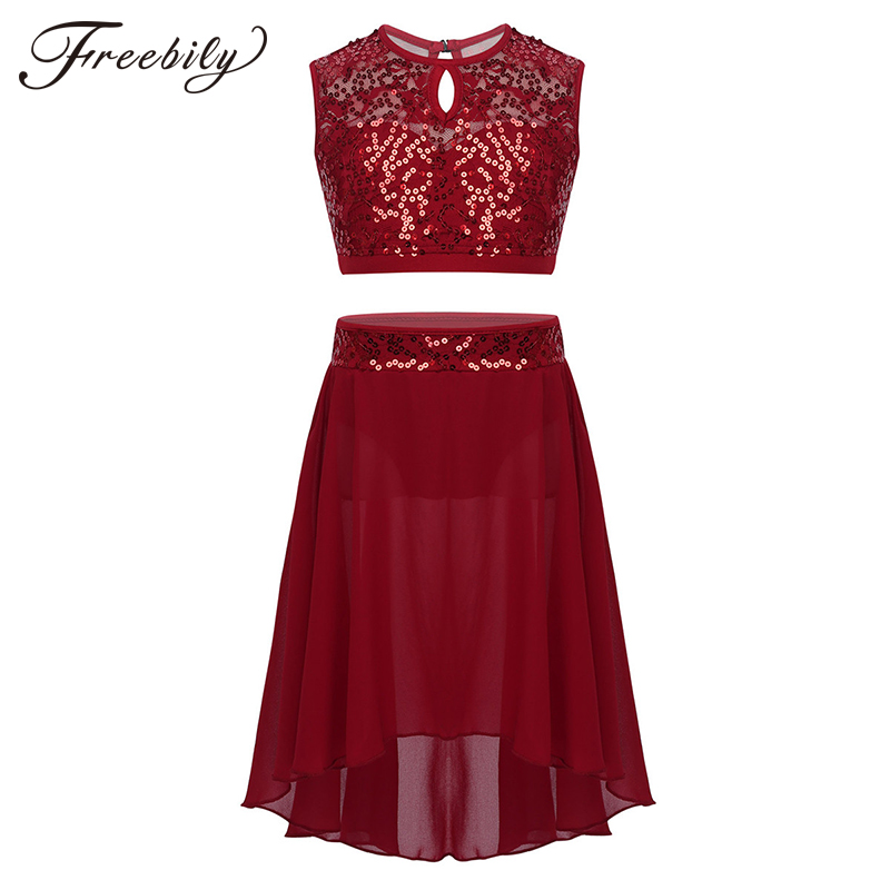 

Women Ballet Tutu Dance Wear Female Sleeveless Sequined Crop Top Chiffon Skirt Set Ballerina Contemporary Lyrical Dance CostumeS, Black