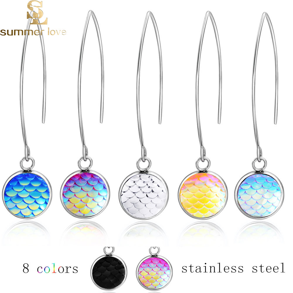 

8 Colors Resin Mermaid Fish Scale Drop Earrings for Women Stainless Steel Big Hook Design Earrings Fashion Jewelry Wholesale