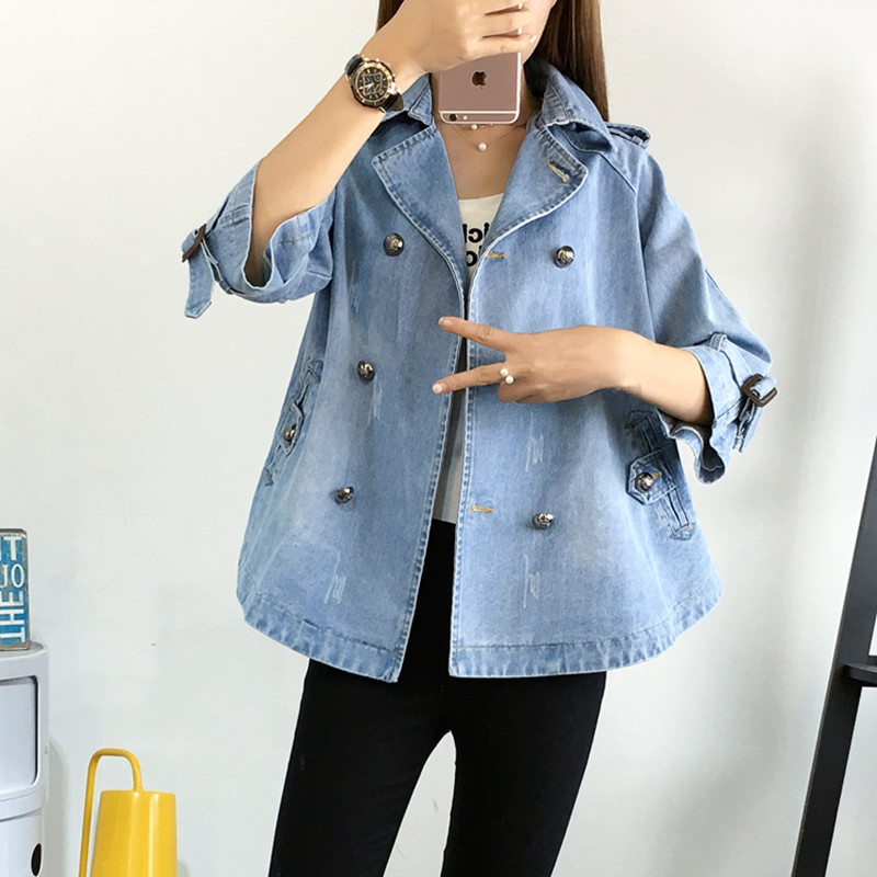 

2019 Plus size women clothing fashion denim jacket coats seven-point sleeve short cowboy jacket female student casual Outerwear, Navy blue