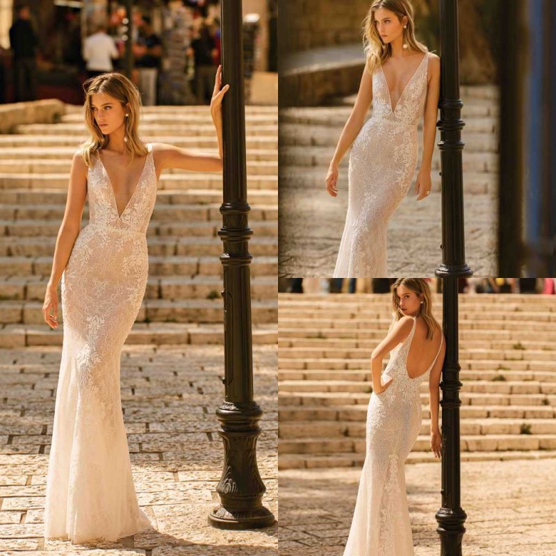 

2020 Berta Wedding Dresses Lace Appliqued Deep V Neck Floor Length Backless Mermaid Wedding Gowns Robes De Mariée Illusion Bride Dress, Light sky blue