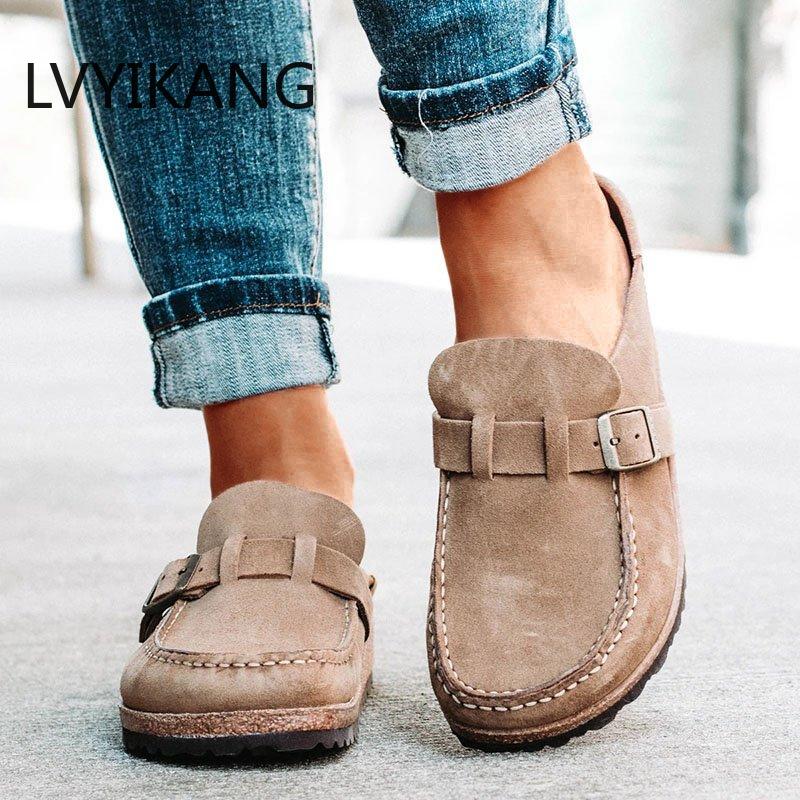 

Women Slip On Sandals 2020 Summer Retro Casual Comfy Leather Buckle Suede Ladies Flat Shoes Soft Female Flat Slipper Shoes, Brown