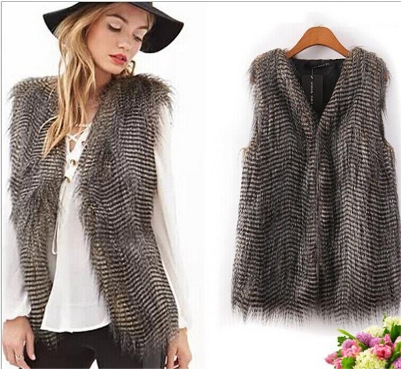 

Womens fur vest faux rabbit fur vest with fur collar waistcoat jackets rex rabbit knitted winter, Brown