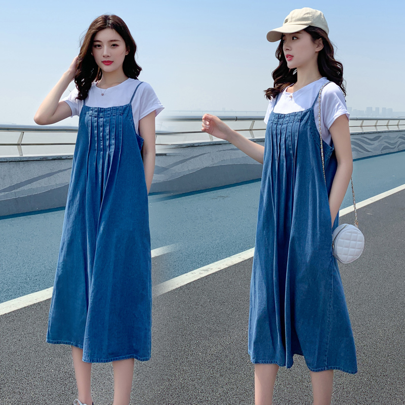 

0818# Maternity Clothes Summer Short Sleeve Easy Matching Loose Stylish two-piece Dress for Pregnant Women Mom Dress, Blue sets