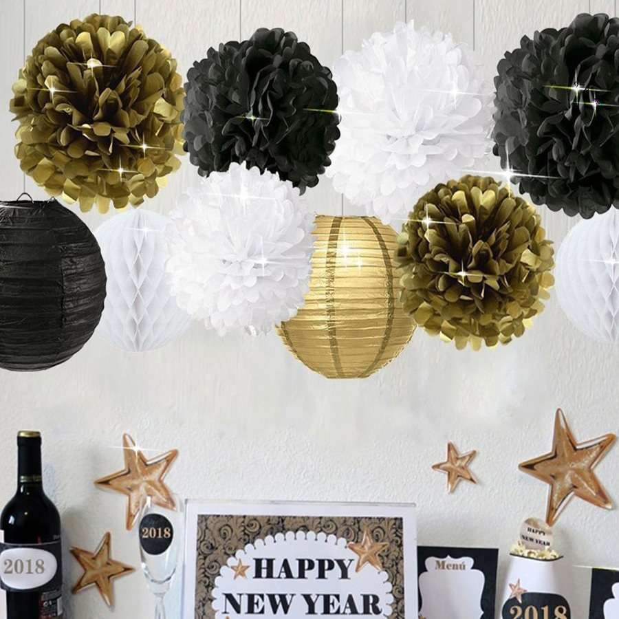 2019 Black White Gold Artificial Flower Pompom Paper Lantern