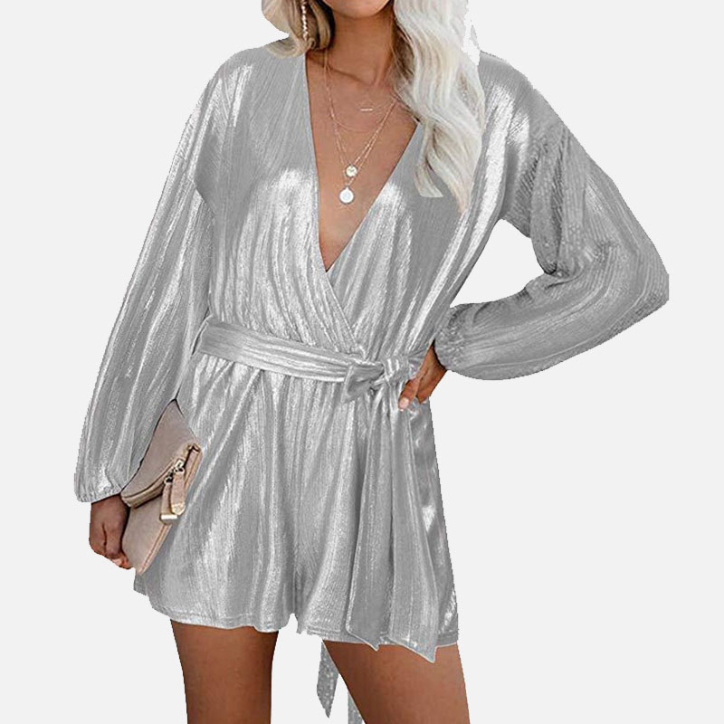 

Spring Sexy Club Playsuit Women Long Sleeve Deep V-neck Lace up Playsuits Woman Romper 2020 Autumn Fashion Solid Ladies Clothes, Black