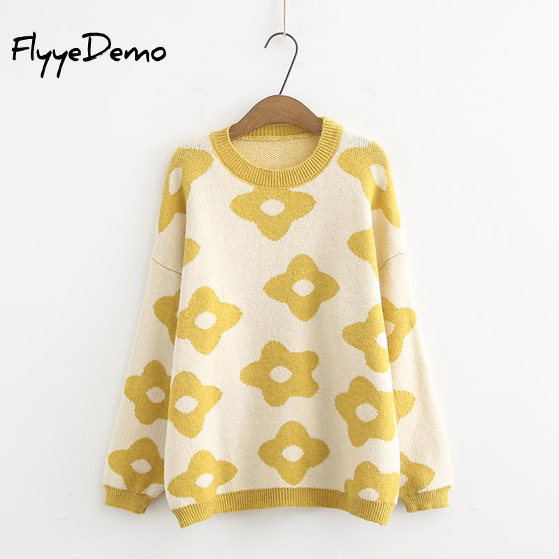 

2019 Autumn Winter Round Neck Long Sleeve Flower Floral Knitting Warm Loose Sweater Women Fashion Pullover Free Size Quality, Blue