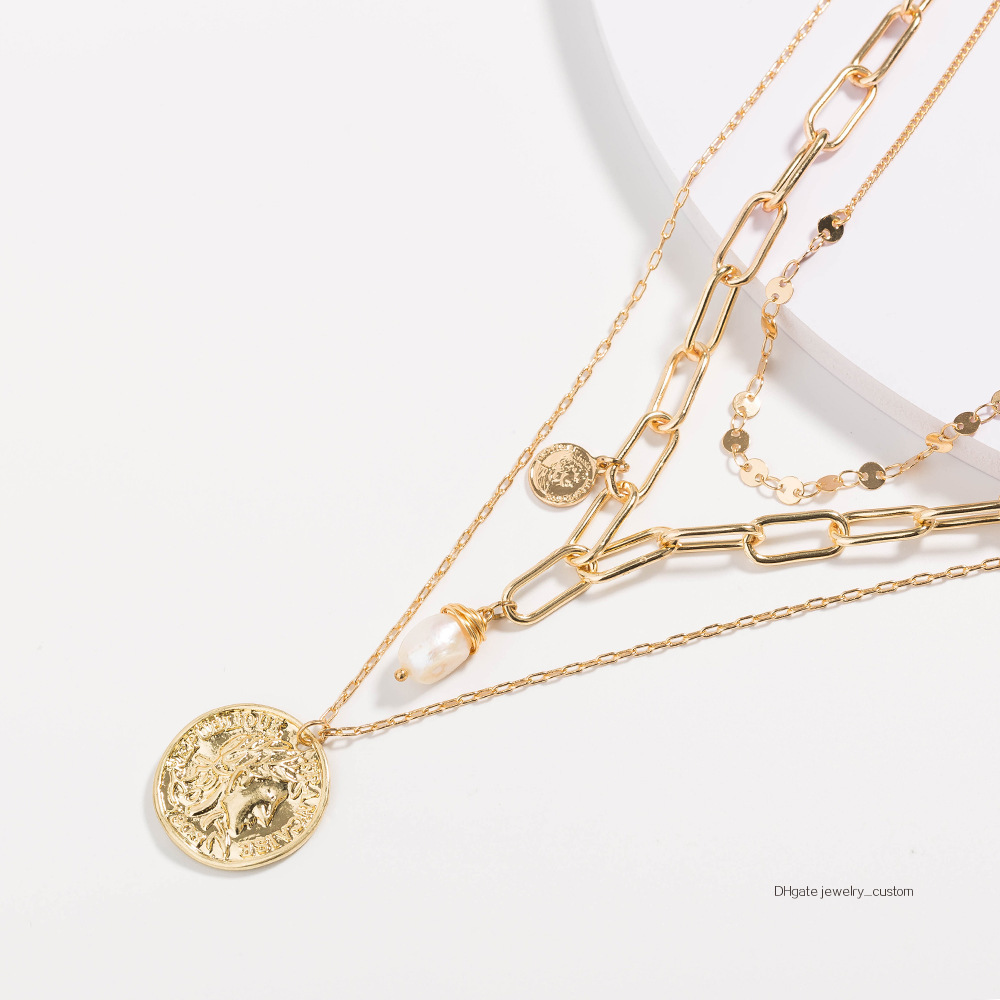 

Ma'am Multi-storey Necklace 18k Golden Card Neck Natural Freshwater Pearl Golden Coin Pendeloque Cut
