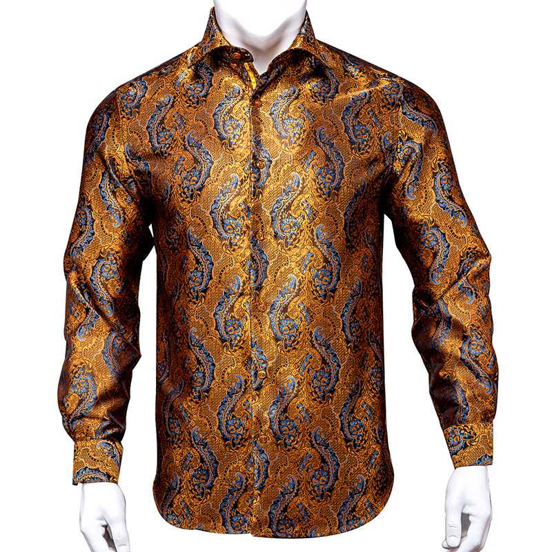 

Luxury Peacock Blue Embroidery Shirt Men Long Sleeve 2020 Fashion Gold Floral Paisley Casual Slim Fit Men' Casual Shirt Hi-Tie, Cy-1005