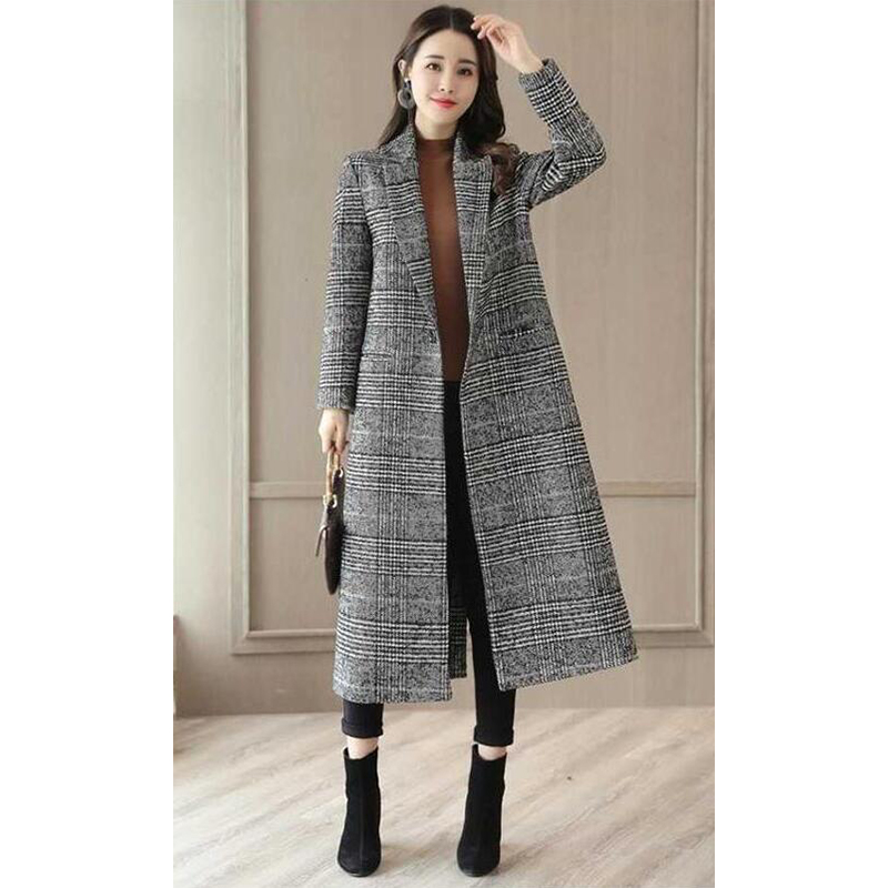 

2020 Autumn Winter Wool Women Plaid Pockets Blends Office Work Long Coats Fashion Brand Lady Lapel Long Sleeve Blends BB429, Gray