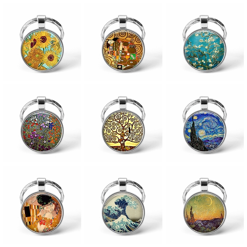 

Van Gogh Sunflowers Pendant Sunflower Starry Night Painting Keychain Jewelry Keyring Cabochon Handmade Gift Metal Key Chains