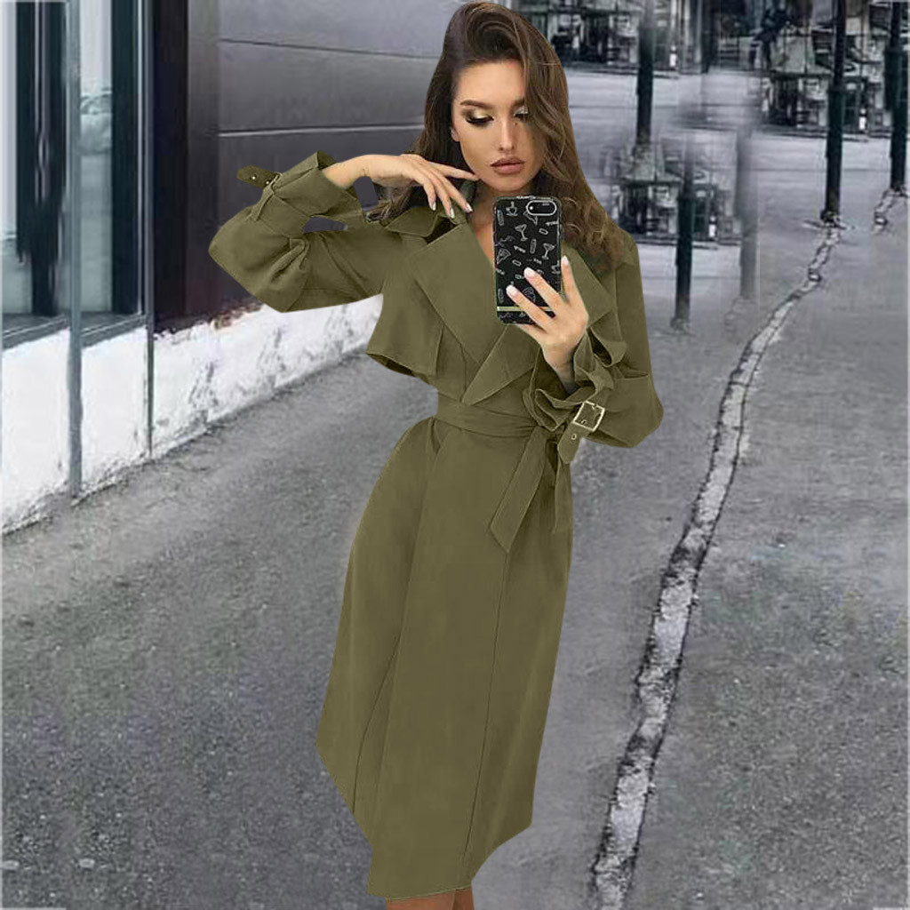 

Women Casual Notched Collar Windbreaker Front Wrap Coat Jacket Outwear Solid Color Trench Belt Slim Tops Coat 8.23, Ye