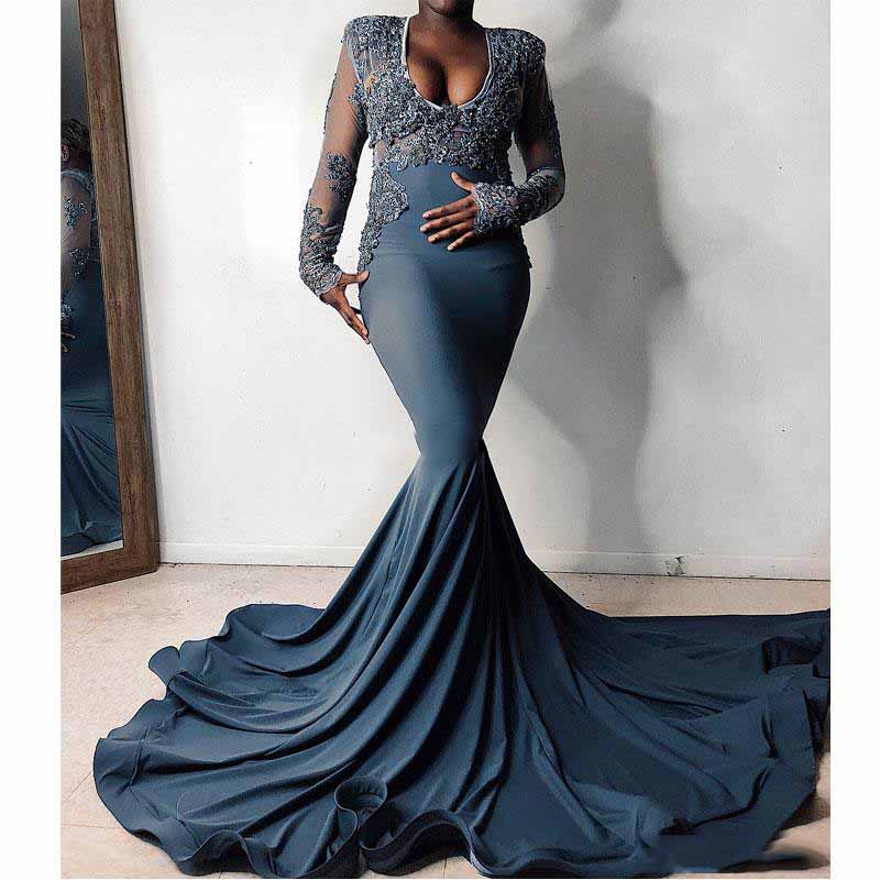 

African Nigeria Girls Sexy Mermaid Lace Prom Gowns Deep V Neck Long Sleeve Evening Gowns vestido de noche Party Dresses, White