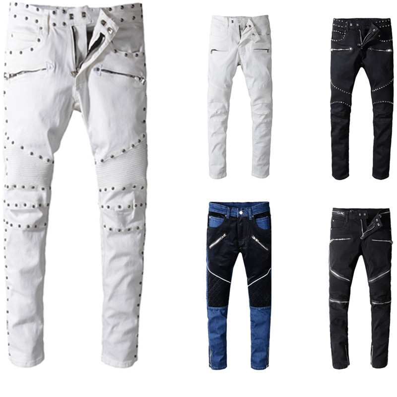 

Fashion-Balma Men's Distressed Ripped Biker Jeans Slim Fit Motorcycle Biker Denim For Men Brand Designer Hip Hop Mens Jeans US Size 29~42