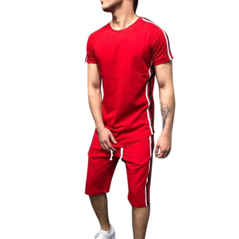 LASPERAL Men Set Fashion Side Striped Patchwork Mens Sportwear Tracksuit Casual Short Sleeve T-shirt Drawstring Shorts Suit Male