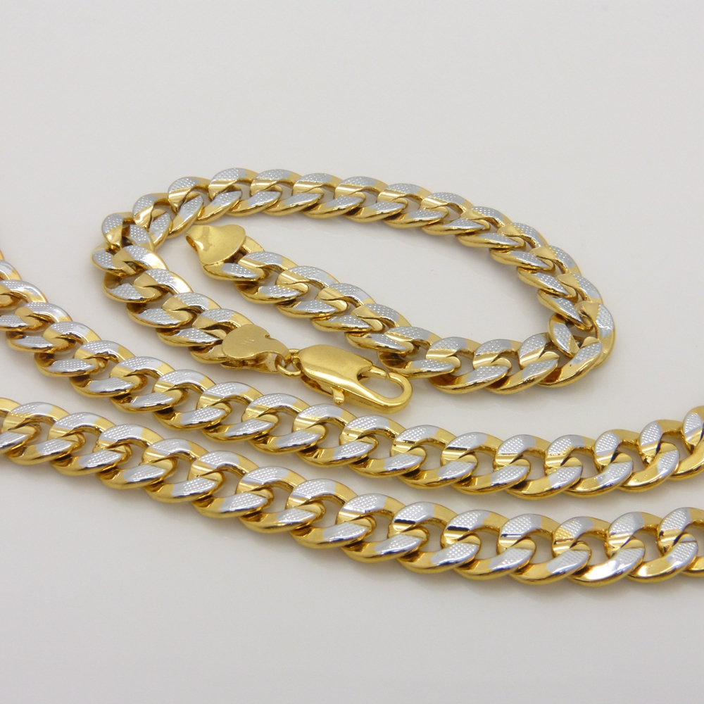 

2-Tone 18k Gold Filled Curb Chain Necklace Bracelet Jewelry Set For Men Party Birthday, Golden